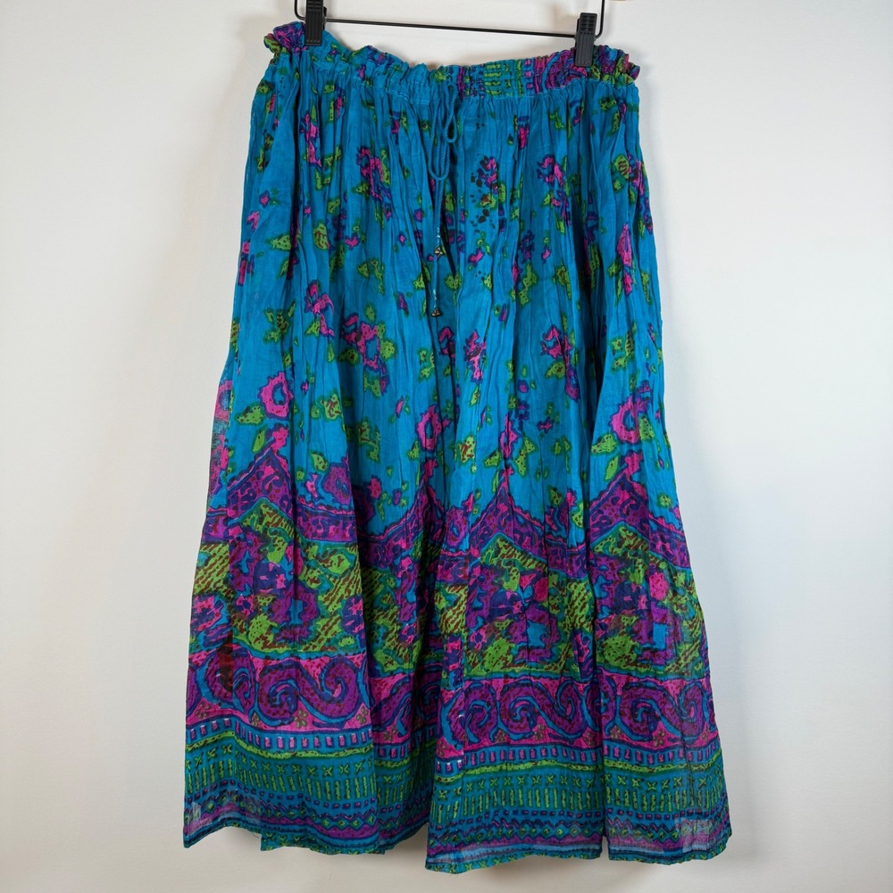 Vintage‎ VTG Jingle Bell Tie BOHO Semi Sheer Maxi Skirt Teal Paisley Print OS